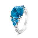 18K White Gold 10mm Cushion Shaped Blue Topaz and 1/6 Cttw Diamond 3 Stone Style Ring (F-G Color, VS1-VS2 Clarity) - Ring Size 6.5-4