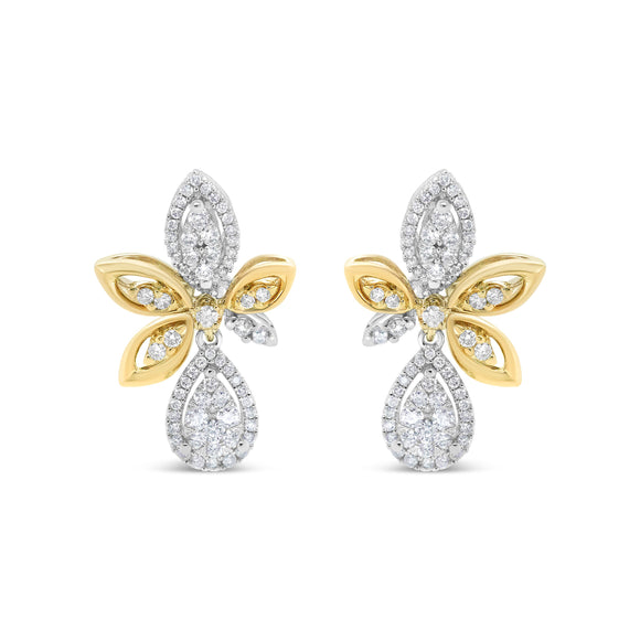 14K White and Yellow Gold 1.00 Cttw Round Pave-Set Diamond Teardrop and Marquise Shape Drop Dangle Earrings (H-I Color, SI1-SI2 Clarity)