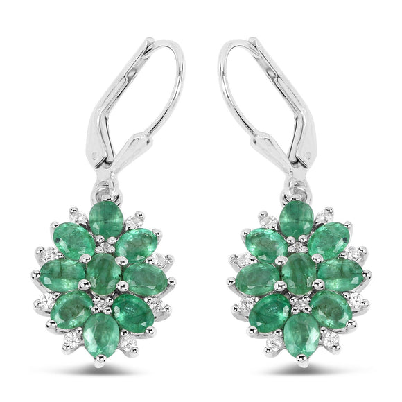 3.04 Carat Genuine Zambian Emerald and White Zircon .925 Sterling Silver Earrings