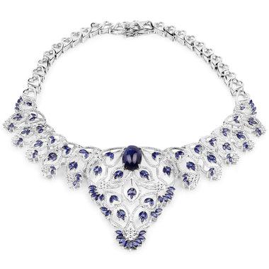 40.93 Carat Genuine Glass Filled Sapphire and White Diamond .925 Sterling Silver Necklace - 0