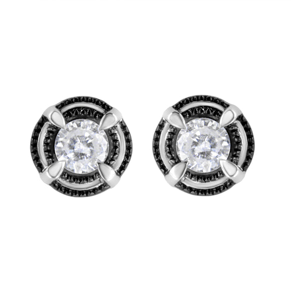 Black Rhodium Plated .925 Sterling Silver Round 1-1/2 cttw Diamond Double Halo 4-Prong Solitaire Milgrain Stud Earrings (H-I Color, I2-I3 Clarity)
