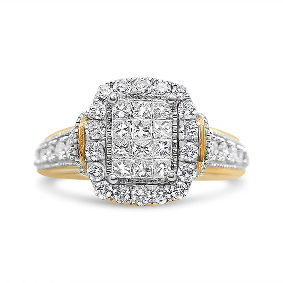 14K Yellow and White Gold 1.00 Cttw Princess and Round Cut Emerald Shaped Halo Diamond Cluster Ring (SI1-SI2 Clarity, H-I Color) - Size 7