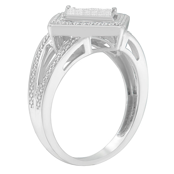 .925 Sterling Silver 1/3 Cttw Invisible Set Princess-Cut Diamond Rhombus and Beaded Halo Ring (H-I Color, SI1-SI2 Clarity) - Ring Size 7
