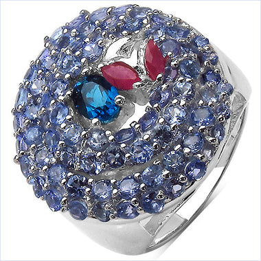 3.31 Carat Genuine London Blue Topaz , Ruby & Tanzanite .925 Sterling Silver Ring - 0