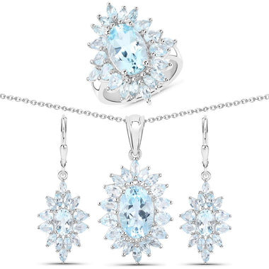 19.18 Carat Genuine Blue Topaz .925 Sterling Silver 3 Piece Jewelry Set (Ring, Earrings, and Pendant w/ Chain) - 0