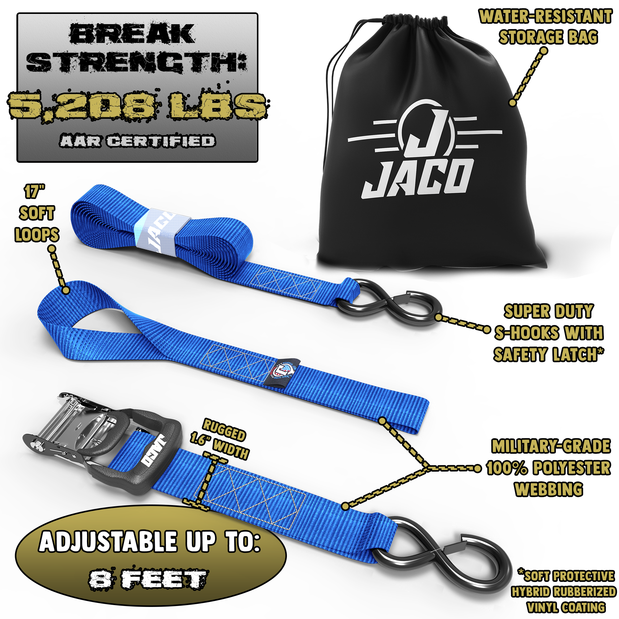 Heavy Duty Ratchet Tie Down Straps with Soft Loops (1.6" x 8 ft) | AAR Certified Break Strength (5,208 lbs)