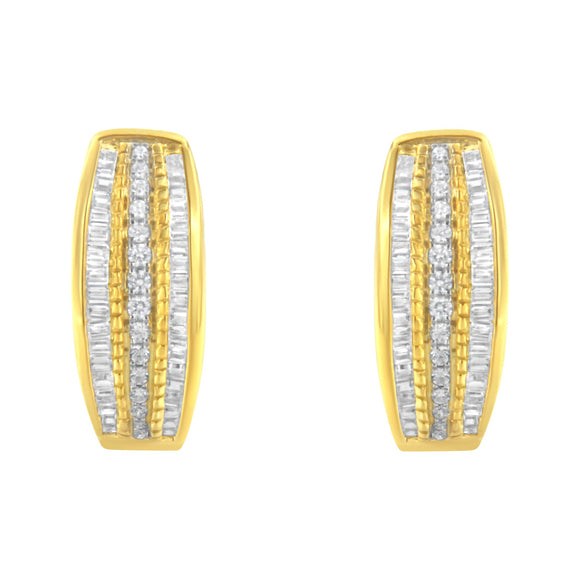 10K Yellow Gold 3/4 Cttw Pave and Channel Set Diamond Triple Row Modern Hoop Earrings (I-J Color, I2-I3 Clarity)