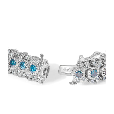 14K White Gold 10.0 Cttw Blue and White Diamond Vintage-Inspired Floral Cluster Link 7" Bracelet (H-I Color, SI2-I1 - 0