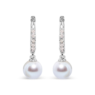 10K White Gold 6x6 MM Cultured Freshwater Pearl and Diamond Accent Drop Huggy Earring (H-I Color, I1-I2 Clarity)