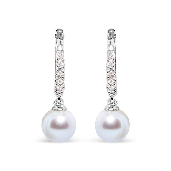 10K White Gold 6x6 MM Cultured Freshwater Pearl and Diamond Accent Drop Huggy Earring (H-I Color, I1-I2 Clarity)