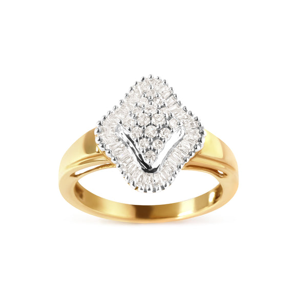 10K Yellow Gold 1/2 Cttw Round And Baguette-cut Diamond Rhombus Head and Halo Ring (I-J Color, I1-I2 Clarity) - Ring Size 7