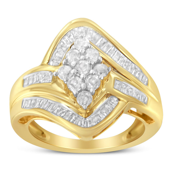 10K Yellow Gold over .925 Sterling Silver Diamond Bypass Cluster Ring (1 Cttw, I-J Color, I2-I3 Clarity) - Size 6