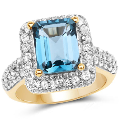 14K Yellow Gold Plated 5.03 Carat Genuine London Blue Topaz and White Topaz .925 Sterling Silver Ring - 0