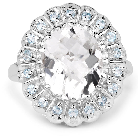 5.90 Carat Genuine Crystal Quartz and Swiss Blue Topaz .925 Sterling Silver Ring