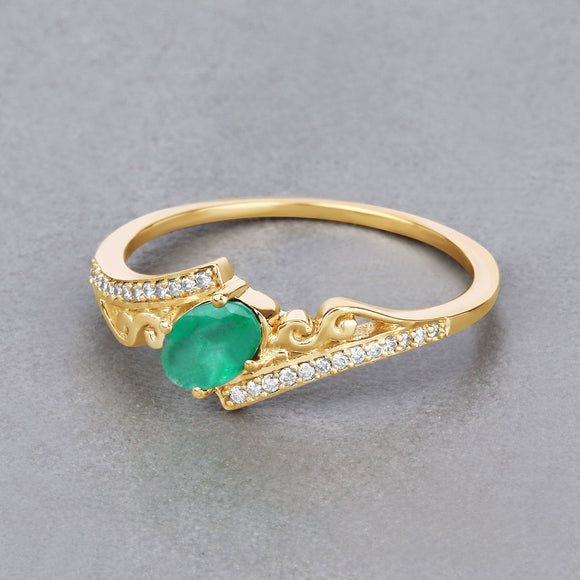 0.51 Carat Genuine Zambian Emerald and White Diamond 14K Yellow Gold Ring