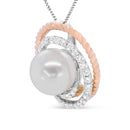 14K Rose and White Gold 3/8 Cttw Pave Diamond and 9mm Round Pearl Spiral Openwork 18" Pendant Necklace- (H-I Color, VS1-VS2 Clarity)-3
