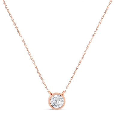 AGS Certified 10K Rose Gold 1/5 Cttw Bezel Set Round Diamond Solitaire 16-18" Adjustable Pendant Necklace (H-I Color, VS1-VS2 Clarity) - 0
