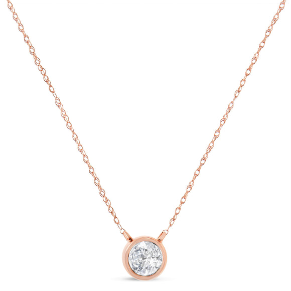 AGS Certified 10K Rose Gold 1/5 Cttw Bezel Set Round Diamond Solitaire 16-18" Adjustable Pendant Necklace (H-I Color, VS1-VS2 Clarity)