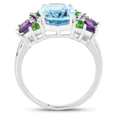 4.00 Carat Genuine Swiss Blue Topaz, Chrome Diopside & Amethyst .925 Sterling Silver Ring - 0