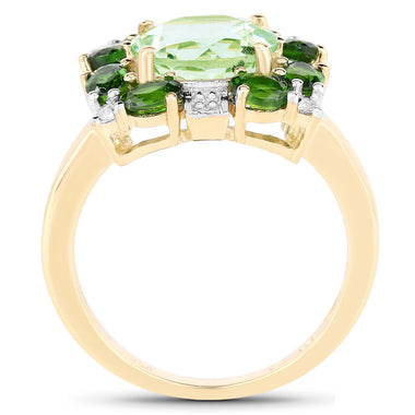 14K Yellow Gold Plated 5.36 Carat Genuine Green Amethyst, Chrome Diopside & White Topaz .925 Sterling Silver Ring - 0