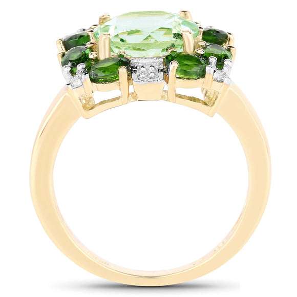 14K Yellow Gold Plated 5.36 Carat Genuine Green Amethyst, Chrome Diopside & White Topaz .925 Sterling Silver Ring