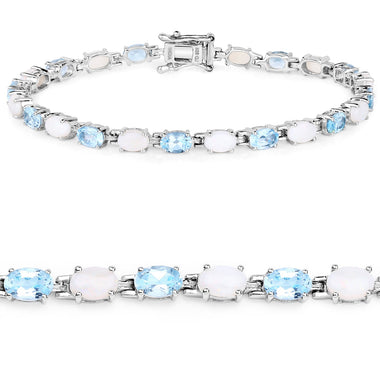 9.02 Carat Genuine Blue Topaz and Opal .925 Sterling Silver Bracelet