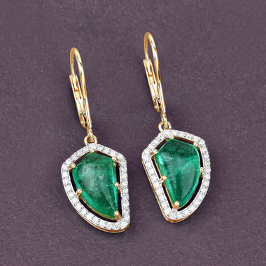 7.56 Carat Genuine Colombian Emerald and White Diamond 14K Yellow Gold Earrings - 0