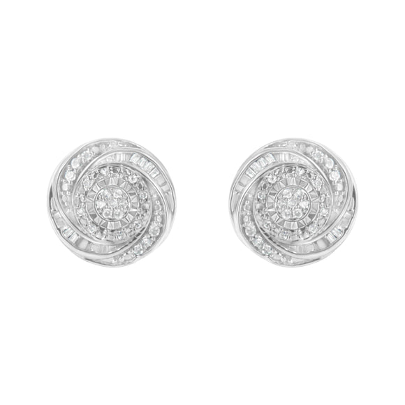 .925 Sterling Silver 1/4 Cttw Baguette and Round Diamond Swirl Love Knot Stud Earrings (I-J Color, I3 Clarity)