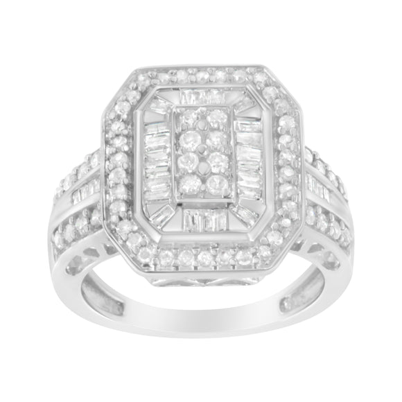 .925 Sterling Silver Round and Baguette Diamond Cathedral Ring (0.75 Cttw, H-I Color, I2-I3 Clarity) - Size 7