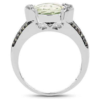 3.59 Carat Genuine Green Amethyst, Green Diamond & White Diamond .925 Sterling Silver Ring - 0