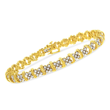 10K Yellow Gold Plated .925 Sterling Silver 2.0 Cttw Round Diamond Cluster "X" Shaped Link Bracelet (H-I Color, I3 Clarity) - 7" - 0