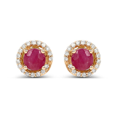0.71 Carat Genuine Ruby and White Diamond 14K Yellow Gold Earrings