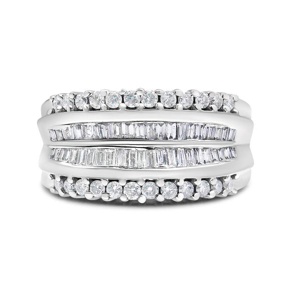 14K White Gold 1.00 Cttw Round and Baguette-Cut Diamond Modern Band Ring (H-I Color, SI2-I1 Clarity) - Ring Size 7