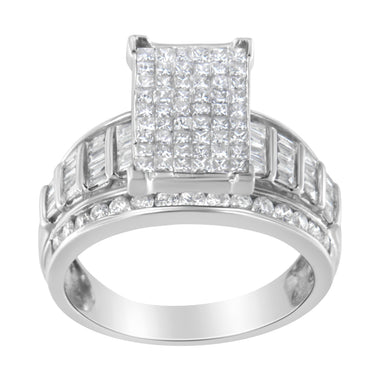 14K White Gold 2.0 Cttw Mixed-Cut Diamond Rectangle Invisible-Set Composite Cluster Ring with Bar- and Channel-Set Band (H-I Color, SI2-I1 Clarity) - Size 5 - 0