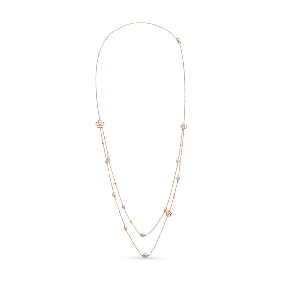 18K Rose Gold 1/2 Cttw Diamond and Freshwater Pearl Double Strand Station Necklace  (G-H Color, SI1-SI2 Clarity) - Adjustable up to 16" to 20"