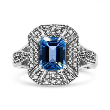 .925 Sterling Silver Diamond Accent and 8X6 mm Emerald-Shape Blue Topaz Ring (I-J Color, I2-I3 Clarity) - Ring Size 7 - 0