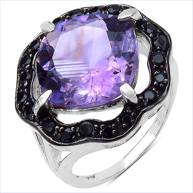 6.09 Carat Genuine Amethyst & Black Spinel .925 Sterling Silver Ring - 0