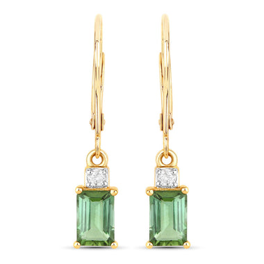 1.28 Carat Genuine Green Tourmaline and White Diamond 14K Yellow Gold Earrings