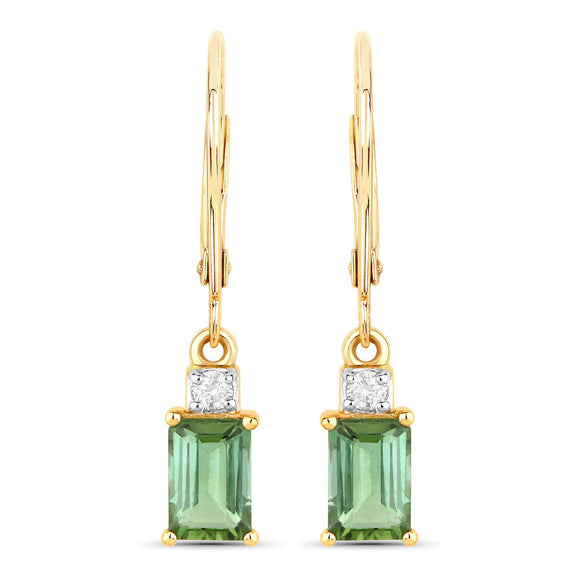 1.28 Carat Genuine Green Tourmaline and White Diamond 14K Yellow Gold Earrings