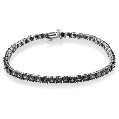 Black Rhodium Plated .925 Sterling Silver 1.0 Cttw Diamond Miracle Tennis Bracelet (Enhanced Blue Color, I3 Clarity) - 7" - 0