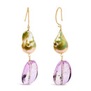 14K Yellow Gold Amethyst and Baroque Pearl Drop and Dangle Earrings 2" Inch Dangle Length-2