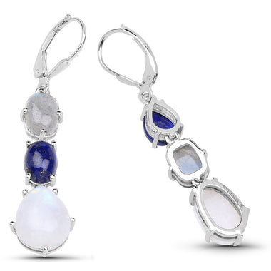 10.17 Carat Genuine Lapis, Labradorite and White Rainbow Moonstone .925 Sterling Silver Earrings - 0