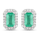 0.91 Carat Genuine Zambian Emerald and White Diamond 14K White Gold Earrings-1