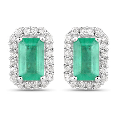0.91 Carat Genuine Zambian Emerald and White Diamond 14K White Gold Earrings