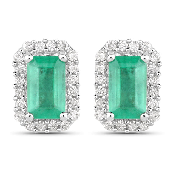 0.91 Carat Genuine Zambian Emerald and White Diamond 14K White Gold Earrings