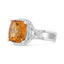 14K White Gold 12mm Cushion Cut Yellow Citrine Gemstone and 1/3 Cttw Round Pave-Set Diamond Ring - (H-I Color, VS1-VS2 Clarity)- Size 6.5-5