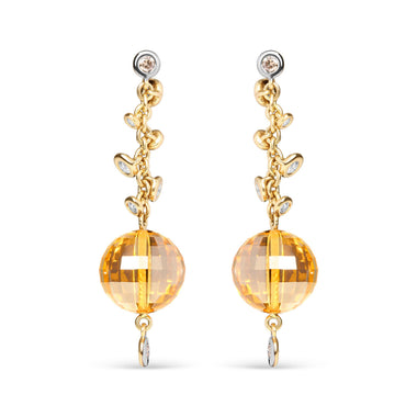 18K Yellow Gold 2/3 Cttw Round Bezel Diamond and 25mm Ball Shaped Yellow Citrine Gemstone Dangle Stud Earring (Brown and G-H Color, SI1-SI2 Clarity)