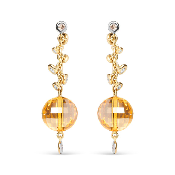 18K Yellow Gold 2/3 Cttw Round Bezel Diamond and 25mm Ball Shaped Yellow Citrine Gemstone Dangle Stud Earring (Brown and G-H Color, SI1-SI2 Clarity)
