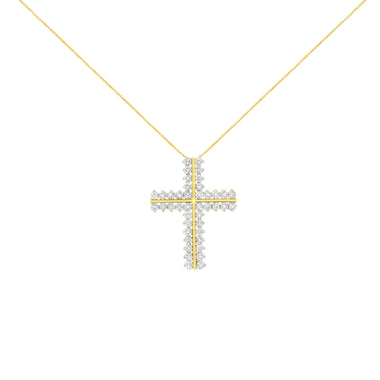 10K Yellow Gold 4.0 Cttw Diamond Two Row Cross 18" Pendant Necklace (J-K Clarity, I1-I2 Color) - 0