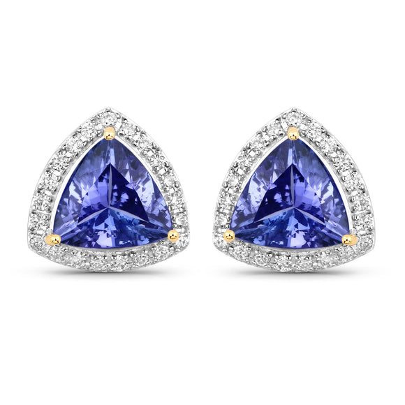 3.82 Carat Genuine Tanzanite and White Diamond 14K Yellow Gold Earrings